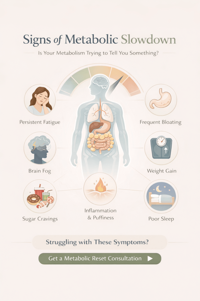 Some signs of metabolic problems: Having persistent fatigue, frequent bloating, weight gain, poor sleep, brain fog, sugar cravings, inflammation & puffiness.